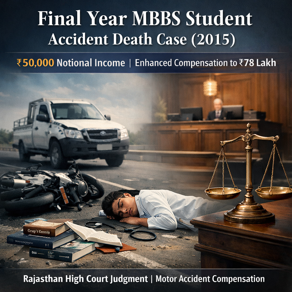 Final Year MBBS Student Accident Death (2015): Rajasthan HC Applies ₹50,000 Notional Income, Enhanced Compensation to ₹78 Lakh