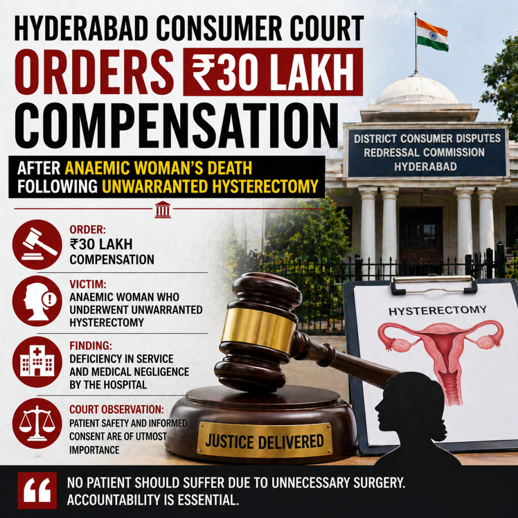 Hyderabad Consumer Court Orders ₹30 Lakh Compensation After Anaemic Woman’s Death Following Unwarranted Hysterectomy