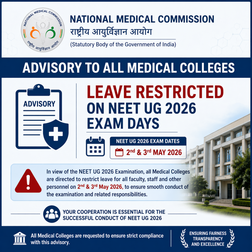 NMC Advisory to All Medical Colleges, Leave Restricted on NEET UG 2026 Exam Days